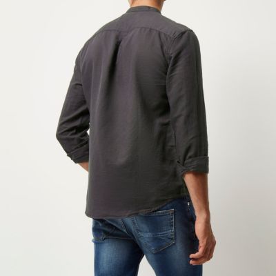 Charcoal linen-rich grandad collar shirt